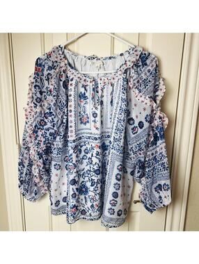 Cato white and blue sheer lined top floral and paisley print Womens Medium
